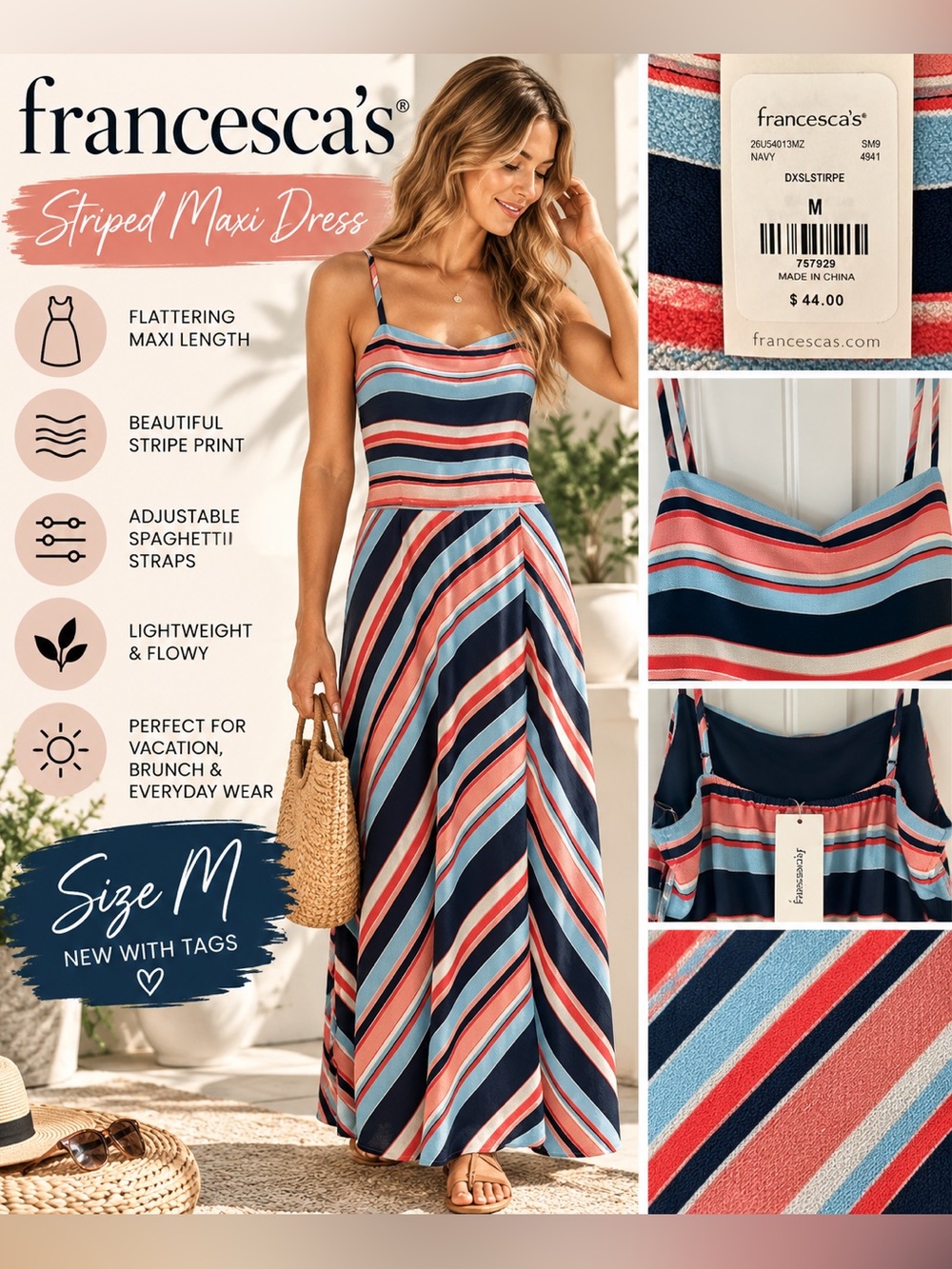 Francesca’s Striped Maxi Dress Navy Coral Blue Size M NWT